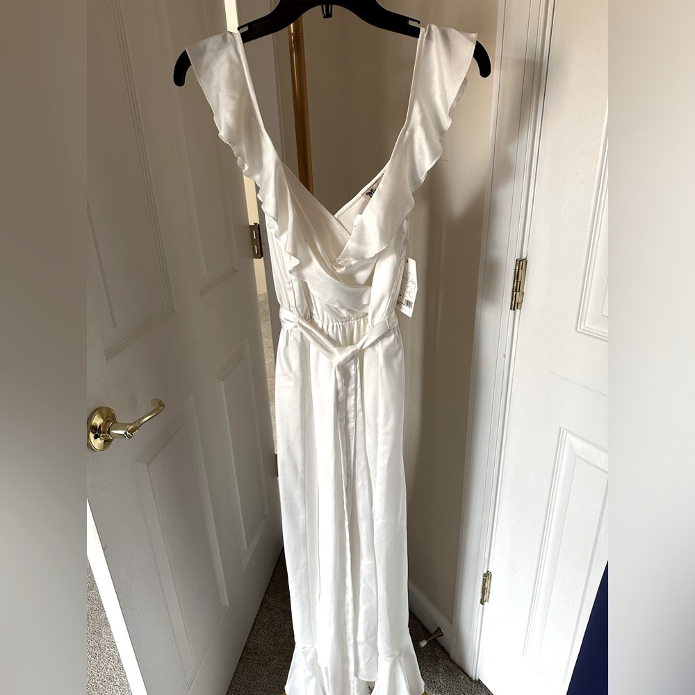 White Ruffle Sleeve Wrap Dress